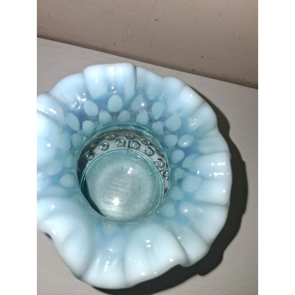 Vintage Fenton Blue Opalescent Hobnail Vase & Ruffled Plate Set 3